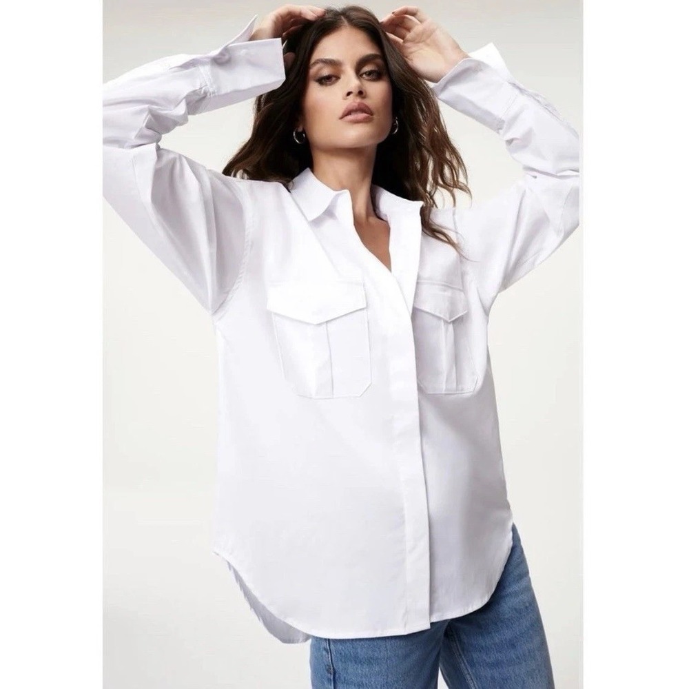 Good American White Long Sleeve Button-Up Shirt